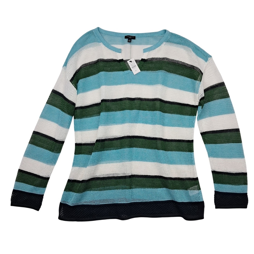 NWT Talbots Sweater Women's Large Petite Turquoise Mesh Linen Blend Striped
